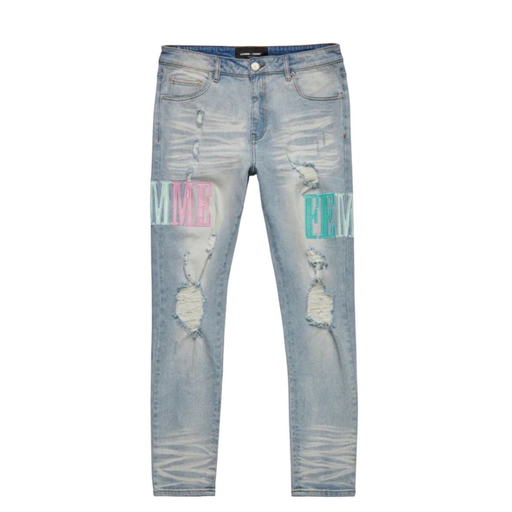Homme Femme Distressed Denim Jeans Light Wash‎ Ripped Patches Mens
